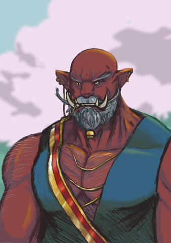 A portrait of a red skinned male Orc with a large grey beard wearing chains and a blue vest top.