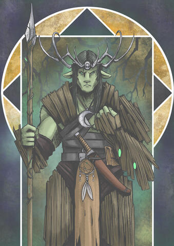 A tarot style card of a firbolg (giant) in bark armor before a forest glade. He holds a large spear that looks like it is made from a tree and has metal antlers as a head-dress.