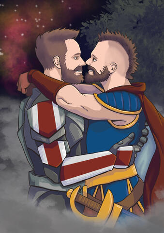 Two men embraced and looking into each others eyes one is dressed as a character from a Science fiction Video game and one as a character from a fantasy video game.