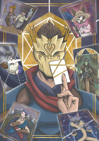 Tarot style card of a man in a mask holding a card in front of him while 6 other cards float around him.