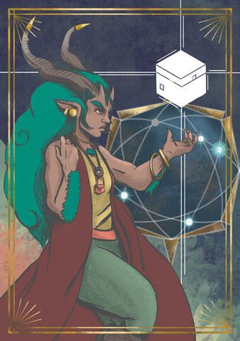 A teal haired Satyr stands in profile holding out her hand over which a white puzzle box is hovering.