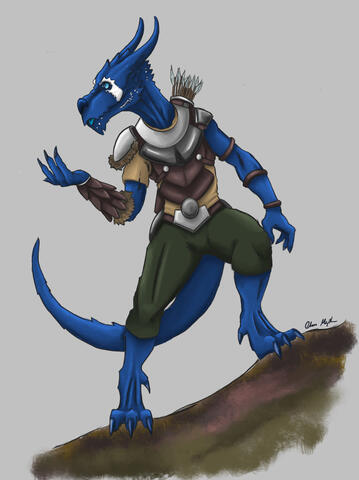 A small blue dragon person stands on a log his hand out stretched. He is wearing leather armor with metal plates.