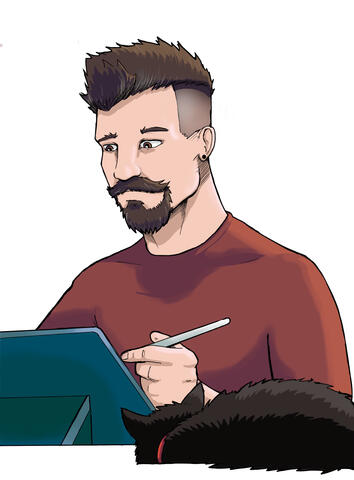 An image of a white masculine presenting person with a brown goatee and tight cropped hair. He is drawing on a blue iPad and has a small black cat laying in front of him