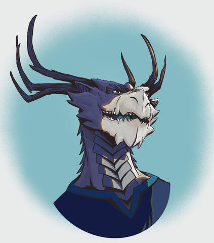 A portrait of a silver scaled dragon person with grey antlers and a broad smile.